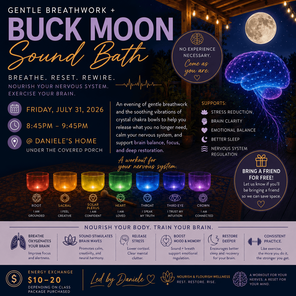 Gentle Breathwork + Buck Moon Sound Bath β evening wellness event flyer (July 31)