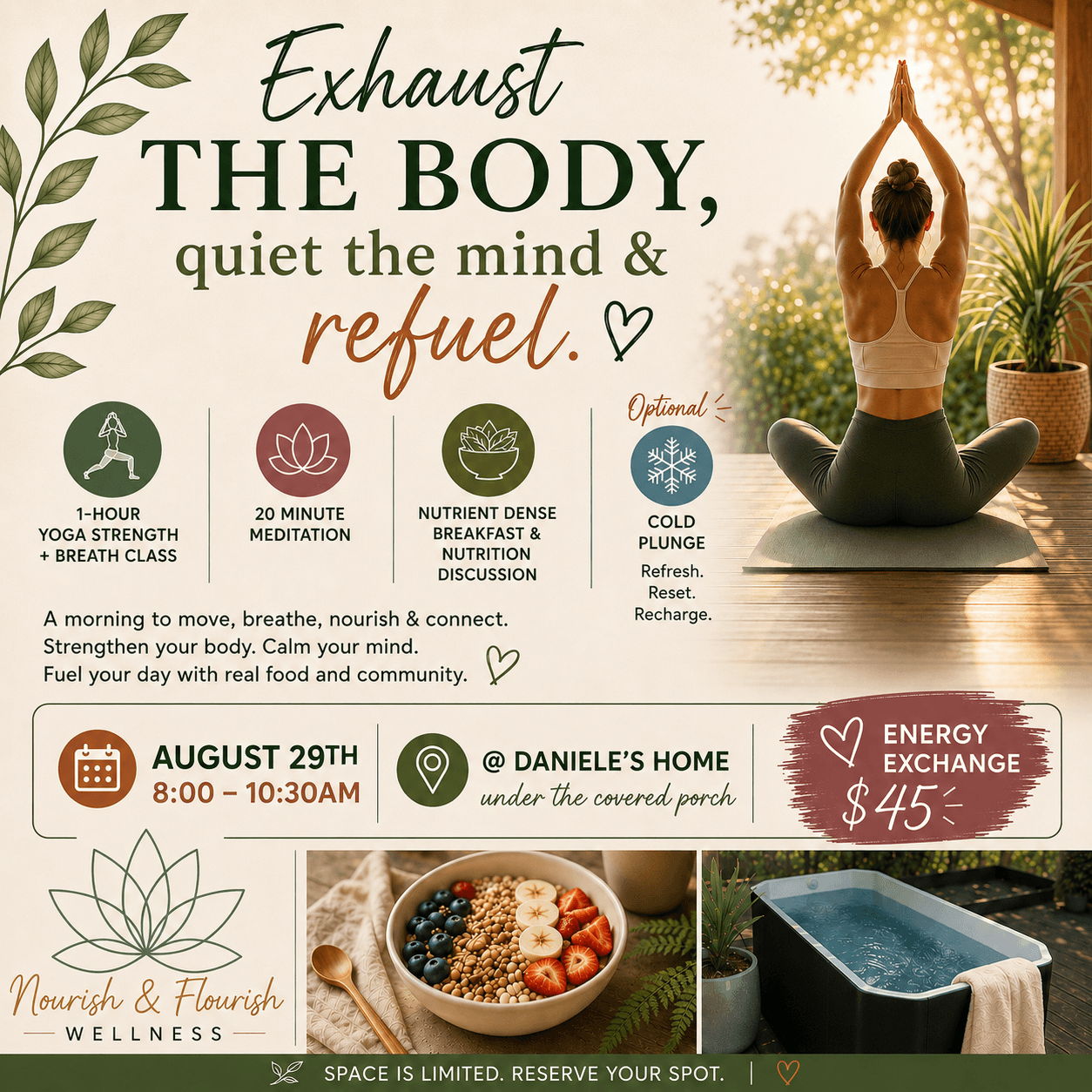 Exhaust the Body, Quiet the Mind & Refuel β wellness morning event flyer (August 29)